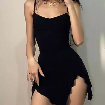 AltGoth Темно-готическое сексуальное черное платье женское уличное эстетическое Y2k на тонких бретельках кружевное пэчворк неровный подол платье женское S чёрный