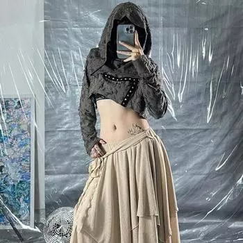 AltGoth Винтаж Харадзюку Толстовка Женская Готическая Темная Уличная Эмо Альтернатива Гранж Заклепки Дырка Длинный Рукав С Капюшоном Пуловер S серый
