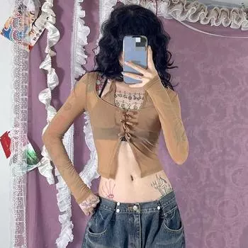 AltGoth Винтажная сетчатая футболка Y2k, новинка осени, длинный рукав, прозрачная ажурная футболка с бретелькой через шею, укороченные топы, эстетическая готическая одежда в торговом центре S кофейный