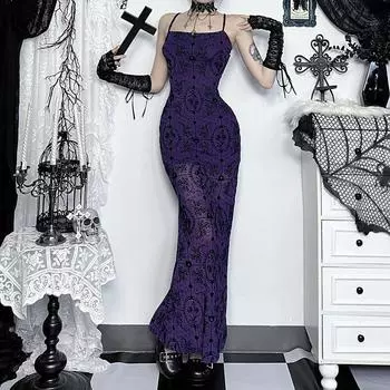 AltGoth Винтажное элегантное фиолетовое флокированное платье для женщин Темно-готическое эстетическое облегающее платье без бретелек Сексуальное вечернее платье для женщин S фиолетовый