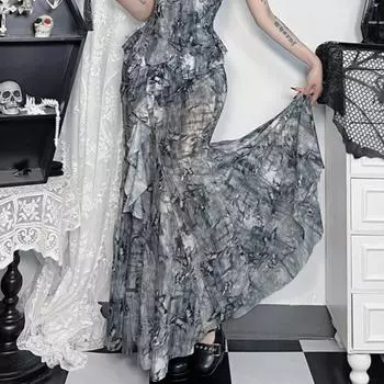 AltGoth винтажная юбка в китайском стиле для женщин, эстетическая фея, гранж, элегантная юбка с принтом бабочек, высокая талия, клубная одежда для девушек 2000 года S серый