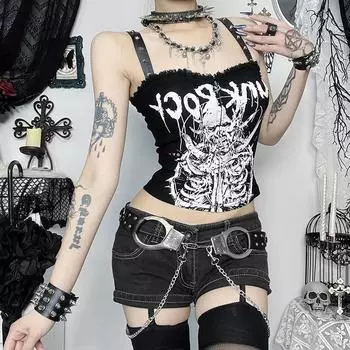 AltGoth Y2k Cyber Punk Camisole Женская темная готическая уличная одежда Harajuku Grunge Printed Rivets Кружева пэчворк молния Crop Ank Tops S чёрный