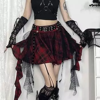 AltGoth Y2k Cyber Punk клетчатая юбка женская торговый центр готика уличная одежда Harajuku горошек сетка пэчворк высокая талия нестандартные юбки S красный