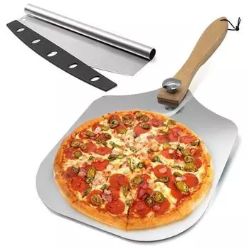 Алюминиевая лопатка для пиццы премиум-класса с резаком Лопатка для пиццы со складной деревянной ручкой Лопатка для пиццы для любой уличной печи-гриля в помещении A