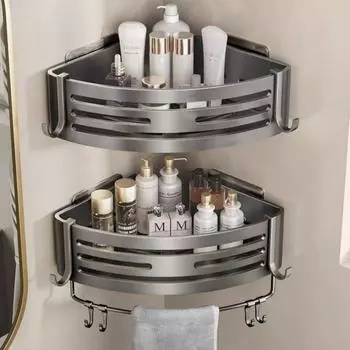 Алюминиевая настенная полка для ванной комнаты, без сверления, угловая полка для душа с крючком для полотенец, держатель для шампуня, кухонный органайзер серый