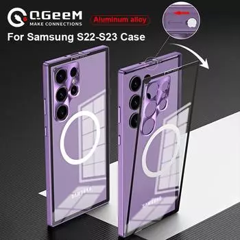 Алюминиевая рамка для беспроводной зарядки Алюминиевая рамка Магнитный чехол для Samsung S22 Plus S23 Ultra Lens Glass Защитная HD прозрачная объединительная панель Samsung S22 чёрный