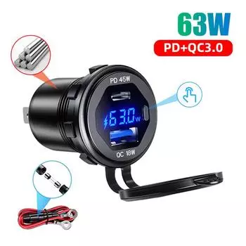 Алюминиевая розетка USB C для автомобильного зарядного устройства 12 В/24 В 63 Вт Розетка USB Pd Тип C и Qc 3,0 Автомобильный двойной USB-порт со светодиодным переключателем для автомобиля Мотоцикл Dual USB синий