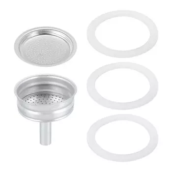 Алюминиевые детали кофейника uxcell для кофеварки эспрессо из нержавеющей стали, 1 фильтр, 3 силиконовых прокладки, 1 воронка (50x40x5.5 мм для кофеварки мокко на 2 чашки