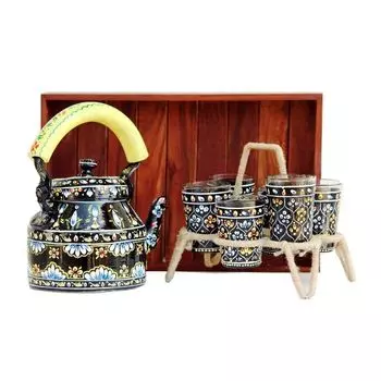 Алюминиевый чайник, расписанный вручную, 6 стаканов, подставка на железной веревке, коричневый поднос из натурального дерева (Разноцветный) - Набор из 9 предметов, подарок и сервировка на Дивали