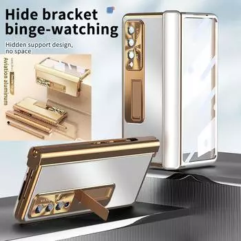 Алюминиевый чехол для Samsung Galaxy Z Fold 3 5g из закаленного стекла, металлический шарнир, слот для ручки, подставка, защитная крышка, защитная пленка для экрана Case & Screen Protector чёрный