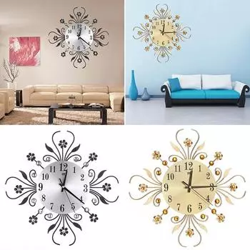Алюминиевый циферблат, цветок, бриллиант, железные настенные часы, декор для гостиной, без батареи золотой
