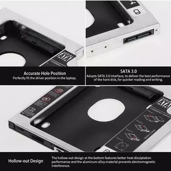 Алюминиевый сплав SATA3.0 2-й HDD Caddy 12,7 мм 2,5-дюймовый корпус SSD HDD для настольных ПК, ноутбуков 9.5mm чёрный