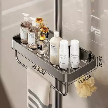 Aluminum Alloy Shower Gel Shampoo Tray Holder Shower Rod Installation Storage Rack With Hooks