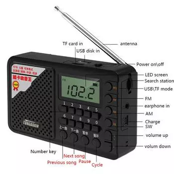 AM FM SW Полнодиапазонное радио TF USB Дисковый плеер Портативный MP3-динамик с перезаряжаемой литий-ионной батареей 18650 чёрный