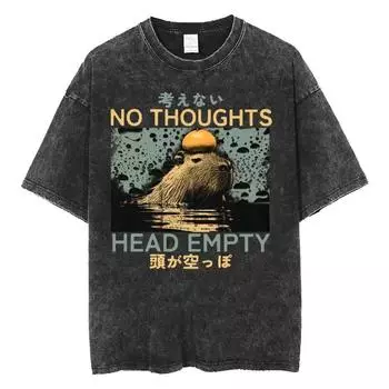 Amare Box Ни мыслей, голова пустая Японская футболка Капибара Винтажная футболка с варкой Мужская Женская Свободная Футболка с коротким рукавом S
