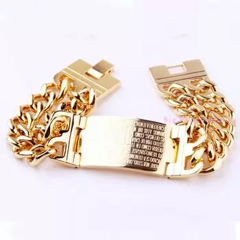 Amaze Design Желтое золото Кубинское звено цепи с лентой удостоверения личности Мужской браслет Ювелирные изделия из нержавеющей стали 22CM