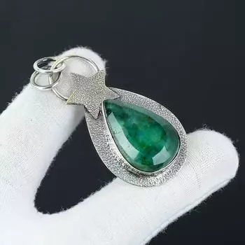 Amazing Emerald Gemstone Silver Pendant in 925 Sterling Silver- Handmade Star Design, Everyday Wear Jewelry, Unique Pendant Party Wear Gift 2.55 зелёный
