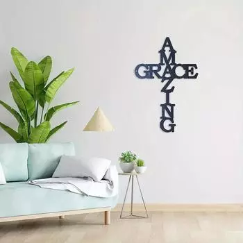 Amazing Grace Cross Metal Art - Modern Steel Christian Decoration for Home or Office, Stylish Hanging Wall Accent светло-серый