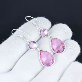 Amazing Pink Kunzie Gemstone Earrings, 925 Sterling Silver Earring, Handmade Boho Silver Jewelry Dangle Earrings, Birthday Gift 7 Cm розовый