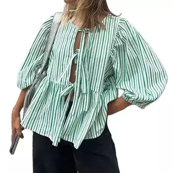 Amazon Трансграничная женская одежда из Европы и Америки 2024 Новая персонализированная рубашка в зеленую полоску со средним длинным рукавом S чёрный