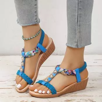 Amazon European and American wedge heel women s shoes summer new crystal Roman sandals women s woven fashion sandals outer wear large size 36