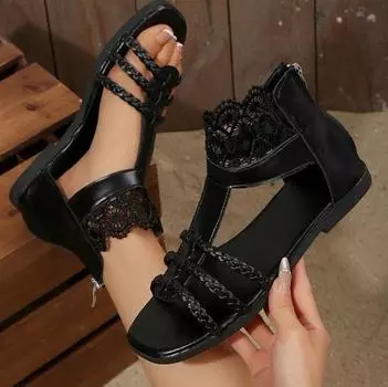 Amazon flat-bottomed European and American sandals 2025 summer new hollow open-toed women s shoes rear zipper beach sandals 35