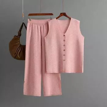 Amazon Однотонный Большого размера Свободный Модный Комплект Повседневные Широкие Брюки Комплект из двух предметов OneSize розовый