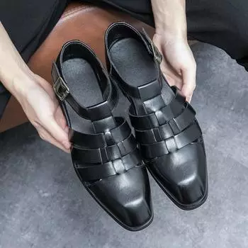 Amazon popular leather sandals retro Roman sandals men s summer casual shoes outer buckle hollow leather shoes men 38