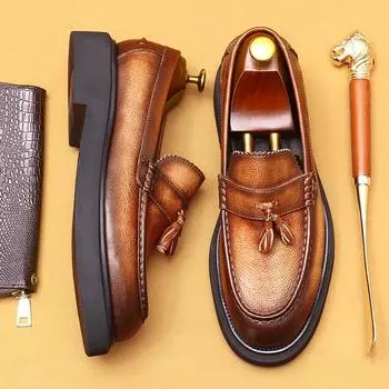 Amazon Популярные кожаные мокасины мужские однопедальные деловые повседневные британские ретро туфли на платформе из кожи с бахромой 40 коричневый