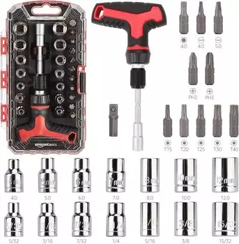 AmazonBasics Ratchet Wrench and Screwdriver Set Magnetic T Handle 27 Pieces