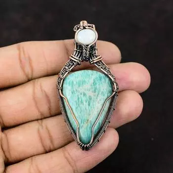 Амазонит Драгоценный камень Медная проволока Обернутая подвеска Радужный лунный камень Ювелирные изделия из медной проволоки Ювелирные изделия ручной работы Дизайнерская подвеска Подарок для нее