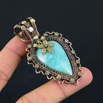 Амазонит Драгоценный камень Медная проволока Обертывание ручной работы Красивый кулон Ювелирный подарок 2.76 Inches циан