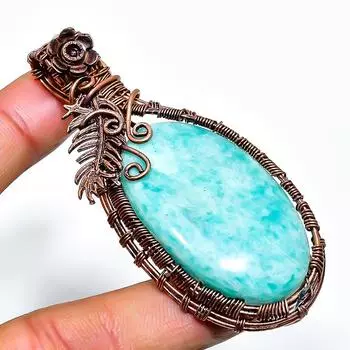 Амазонит драгоценный камень ручная работа медная проволочная подвеска 2.76 2.76 синий