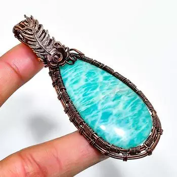 Амазонит драгоценный камень ручная работа медная проволочная подвеска 3.15 3.15 синий