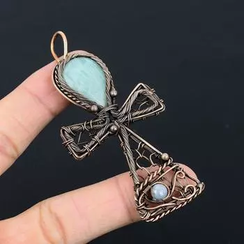 Амазонит и лунный камень драгоценный камень ручной работы чистая медная проволока обернутая подвеска ювелирные изделия для женщин