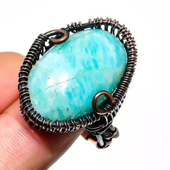 Ювелирное кольцо ручной работы из медной проволоки с амазонитом, размер 10