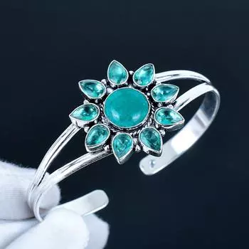 Amazonite Gemstone Handmade Cuff Bangle 925 Sterling Silver Cuff Bangle, indicolite Flower Shape Bracelet For Wife, Unisex Bangle, Wife Gift 7 зелёный