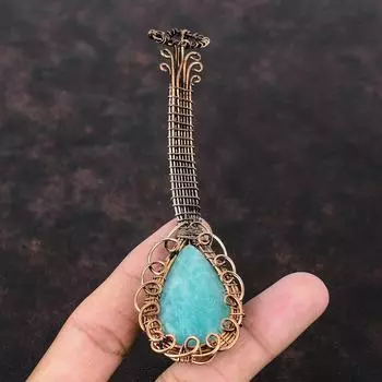 Amazonite Gemstone Pendant Copper Wire Wrapped Pendant Guitar Pendant Copper Jewelry For Gift Handmade Pendant Wrapped Jewelry Healing Stone