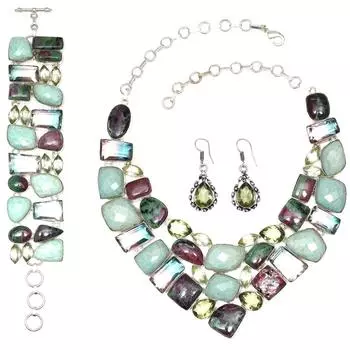 Комплект украшений из амазонита, яшмы, рубина, цоизита, ожерелье 16-18 дюймов