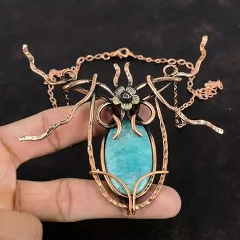 Амазонитовое ожерелье, медная проволока, обернутая регулируемой цепочкой, ожерелье, драгоценный камень, медные украшения, ожерелье ручной работы, дизайн ювелирных изделий, подарки для нее