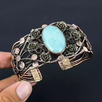 Амазонитовый драгоценный камень из чистой медной проволоки, завернутый в манжеты/браслет ручной работы, ювелирные изделия для подарка Adjustable синий