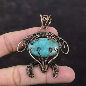 Амазонитовый кулон, обернутый медной проволокой, амазонит, драгоценный камень, кулон в виде черепахи, медная проволока, подвеска ручной работы, подарок для него