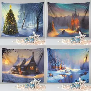 Амазонка Праздничная подвесная ткань Рождественский фон Ткань с принтом Мультяшная Рождественская елка Гобелен со снеговиком 100x75cm