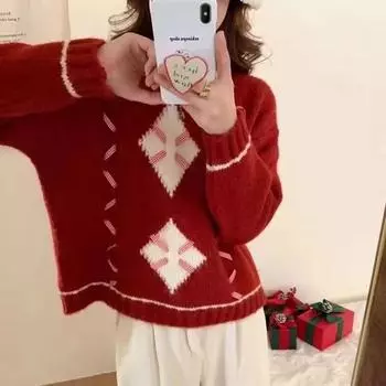 Ambience Honglingge универсальный свитер с круглым вырезом и длинными рукавами на осень и зиму, новый свободный ленивый короткий вязаный свитер, куртка one size fits all красный