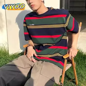 Ameican мужские женские Y2K винтажные хлопковые полосатые футболки с короткими рукавами рубашки летние топы блузка корейский стиль уличная одежда мужская L чёрный