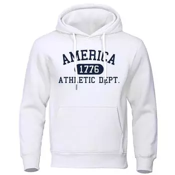 America 1776 Athletic Dept Letter Print Mans Hoodies Pocket O-Neck Sweatshirt Autumn Soft Sweatshirt Casual Loose Man Clothing S чёрный