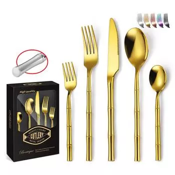 Американский набор посуды из нержавеющей стали 304, позолоченная западная кухня, отель, бамбуковый узел, круглая ручка, набор из 5 ножей, вилки, ложки