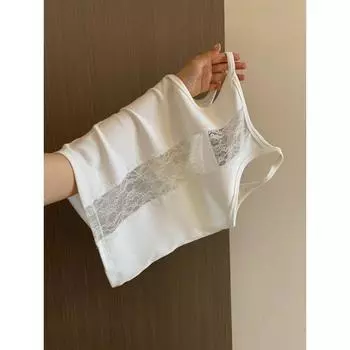 American Black Fashion Simple With Chest Pad Inner wear Cami Women Hollow Slim fit Sleeveless Gyaru U Collar Top White XL