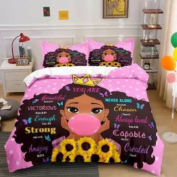 American Black Girl Duvet Cover Set,Black Girl Magic Bedding Set Full Size,Cute Little Afro Black Princess Comforter Cover Sets EU single(135x200cm)