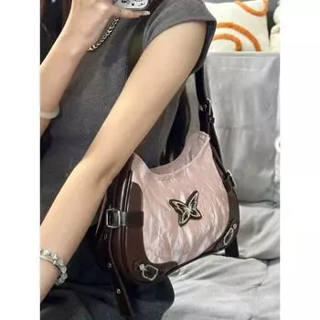 American Butterfly Rivet Locomotive Silver Commuter Shoulder Bag Pink